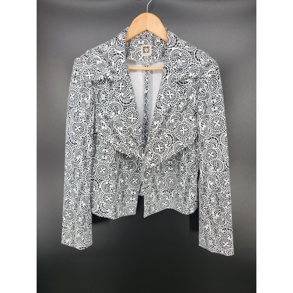 Anne Klein Black White Geometric Print Open Front Jacket Hook Eye Size M